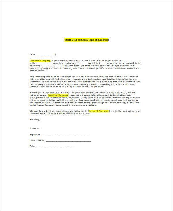 Conditional Job Offer Letter Template