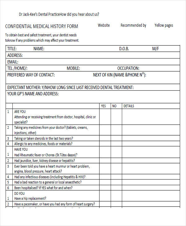 confidential medical history form