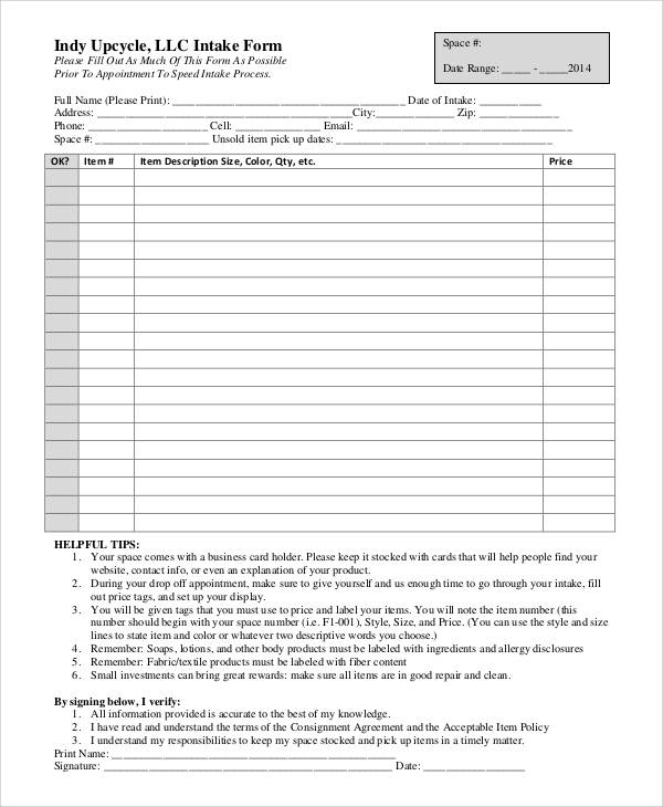 consignment agreement intake form