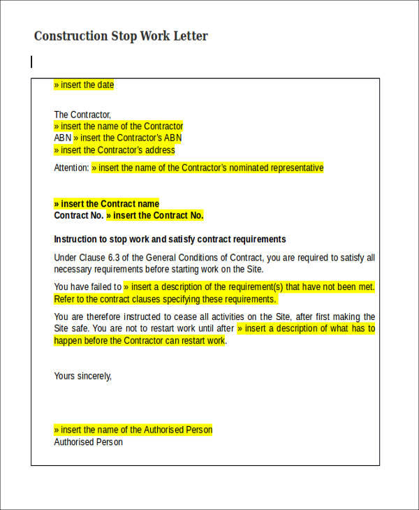 construction stop work letter