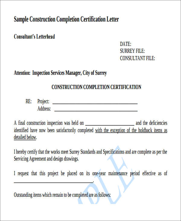 construction work completion certification letter