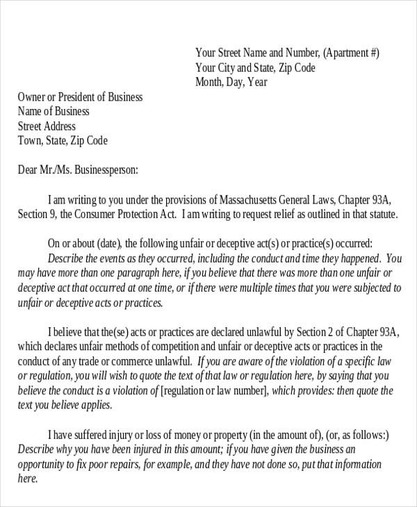 consumer rights complaint letter