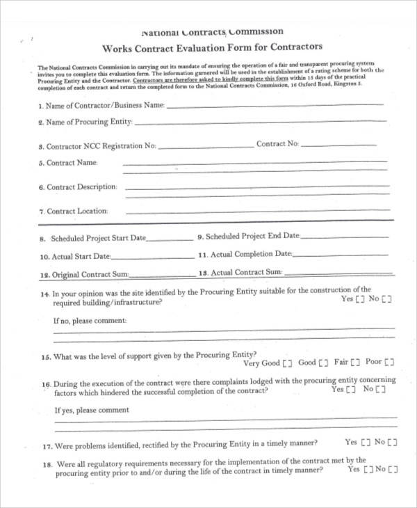 contractor evaluation form 