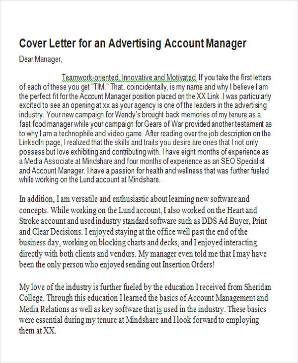 FREE 8+ Account Manager Cover Letter Templates in MS Word PDF