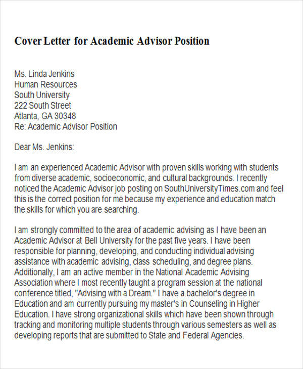 FREE 6+ Sample Academic Advisor Cover Letter Templates in ...