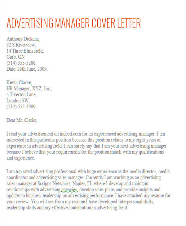 cover letter for advertising manager example