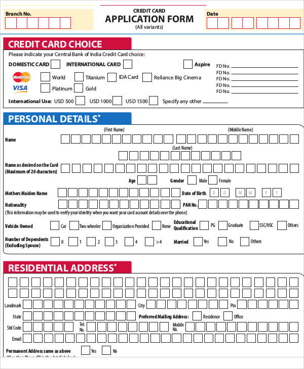 credit card application form