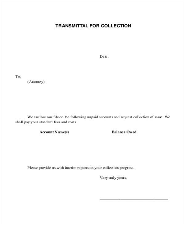 customer collection transmittal letter
