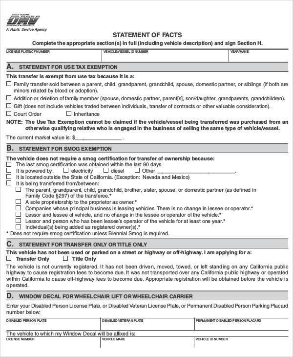 dmv statement of facts form