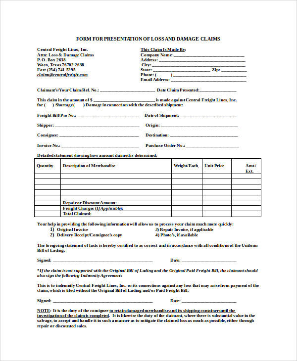 damage claim form sample