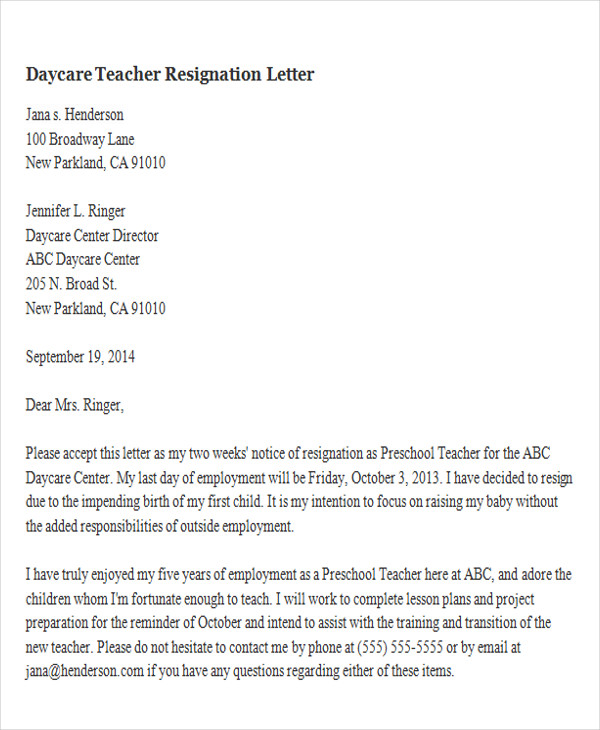 daycare teacher resignation letter