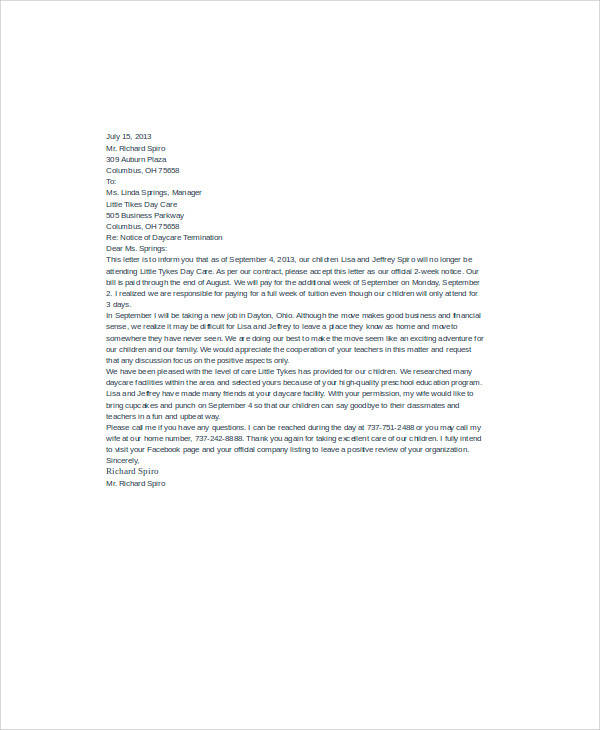 daycare termination letter sample