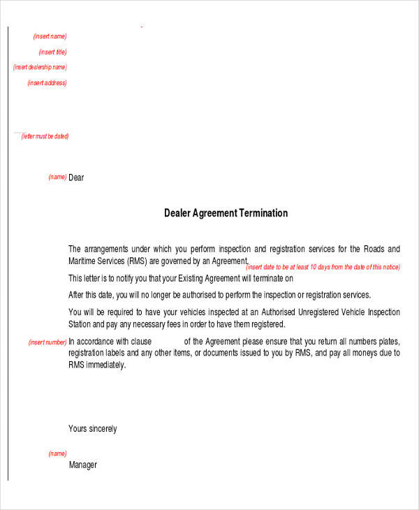 dealer agreement termination letter