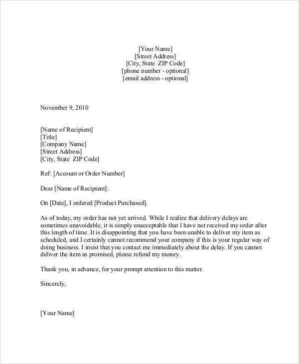 delay in order complaint letter