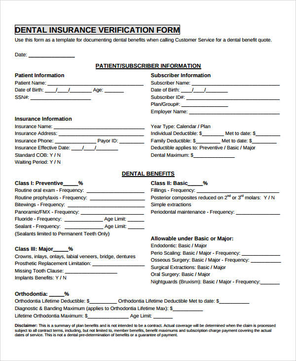 dental insurance verification form