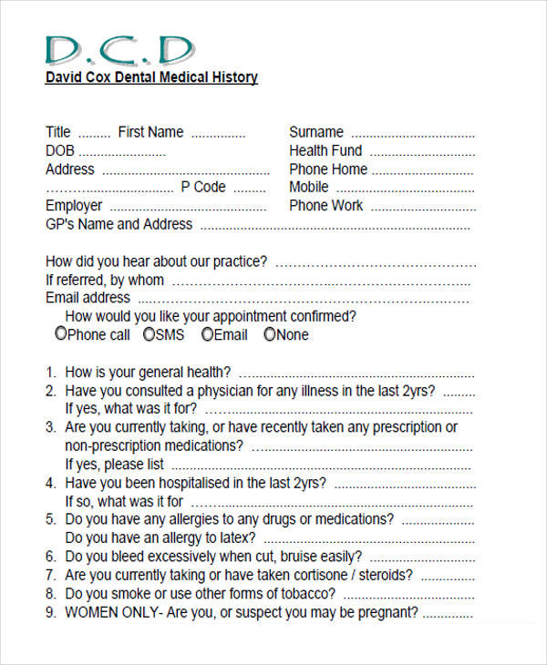 dental patient medical form