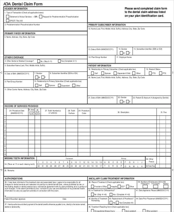 Printable Ada Dental Claim Form 2019 Printable Word Searches