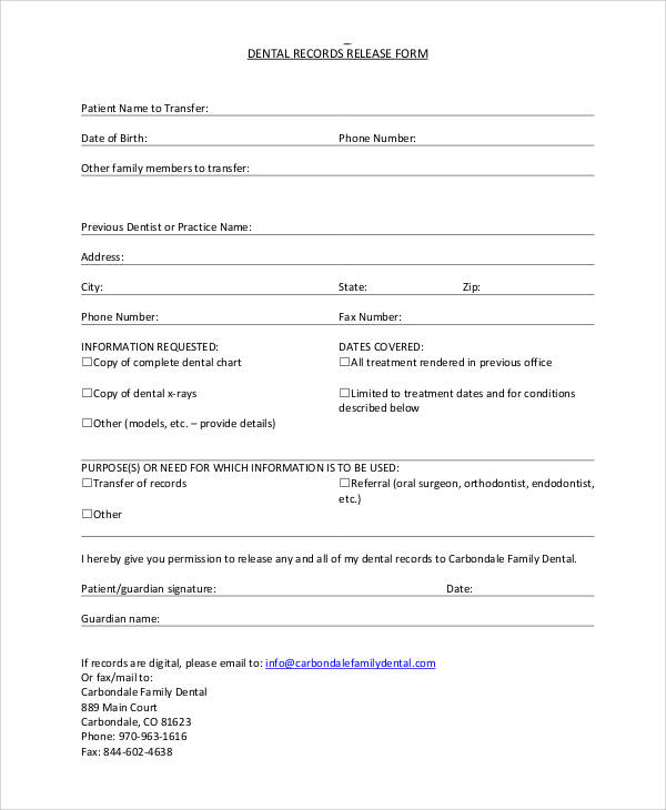 dental records release form