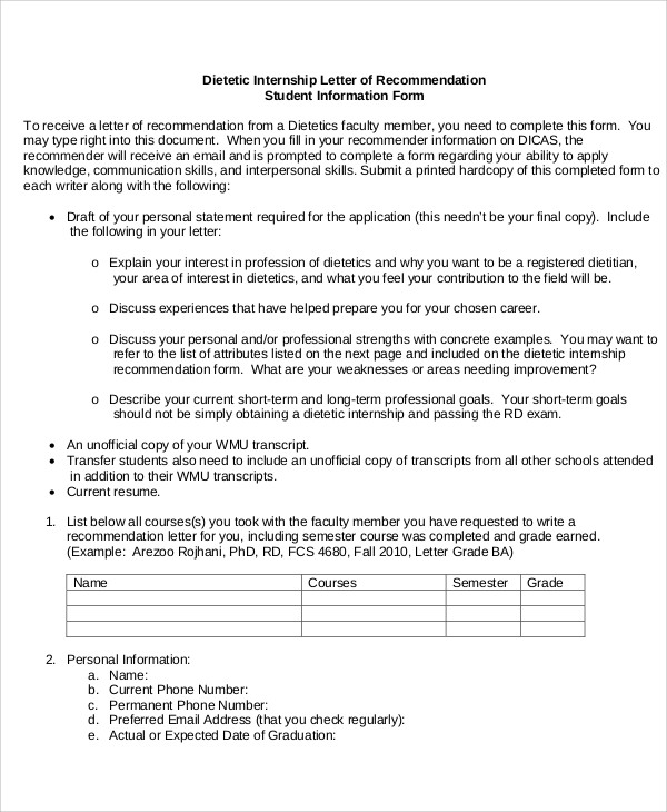 dietetic internship reference letter