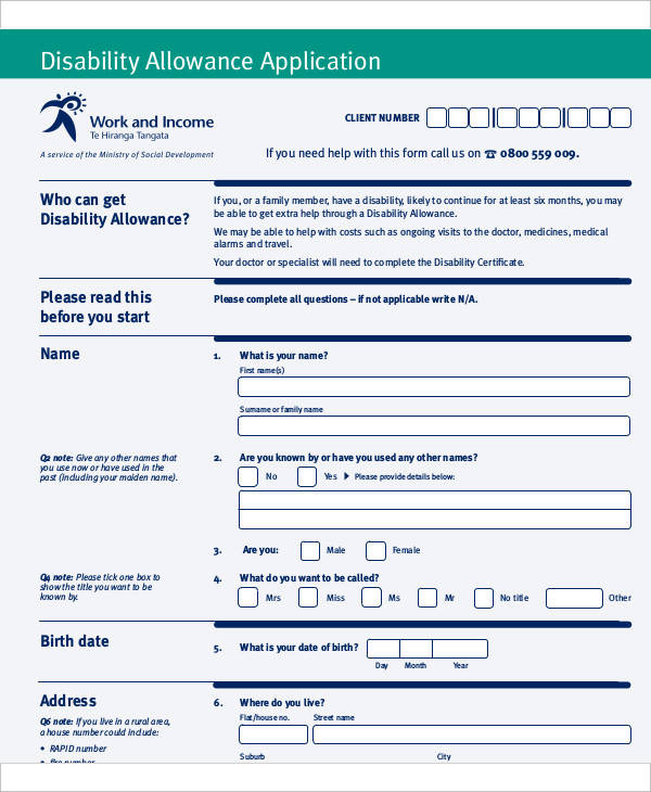 disability allowance application form