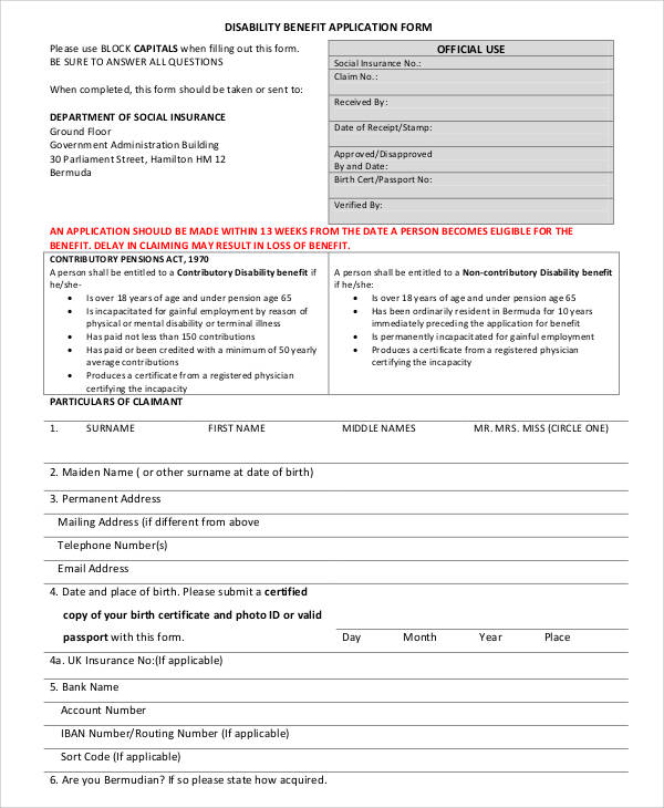 disability benefits application form