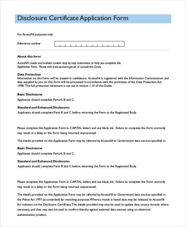 disclosure certificate application form