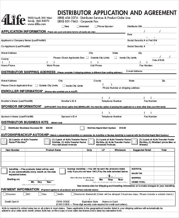 distributor application and agreement form