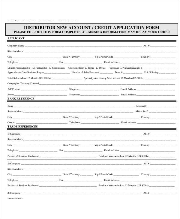 distributor credit application form