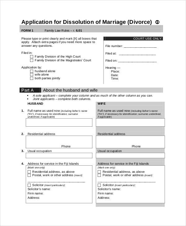 divorce application dissolution form