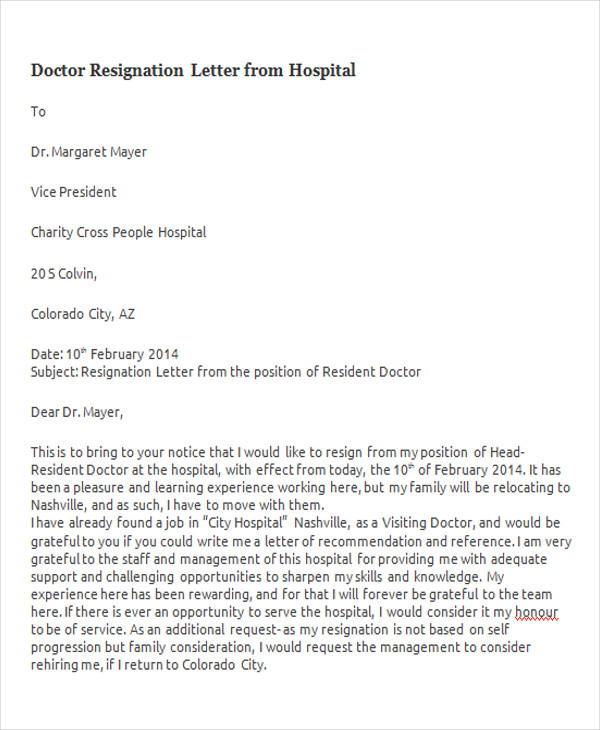 doctor resignation letter from hospital