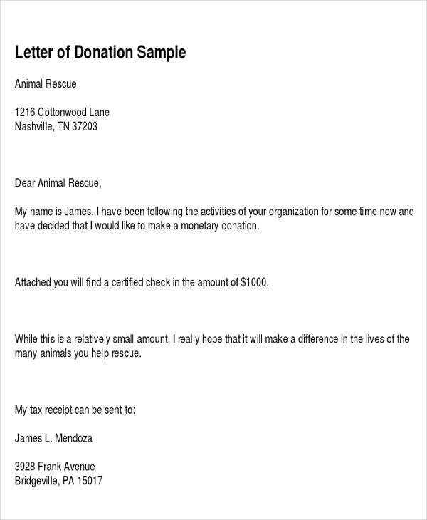 donation giving letter format