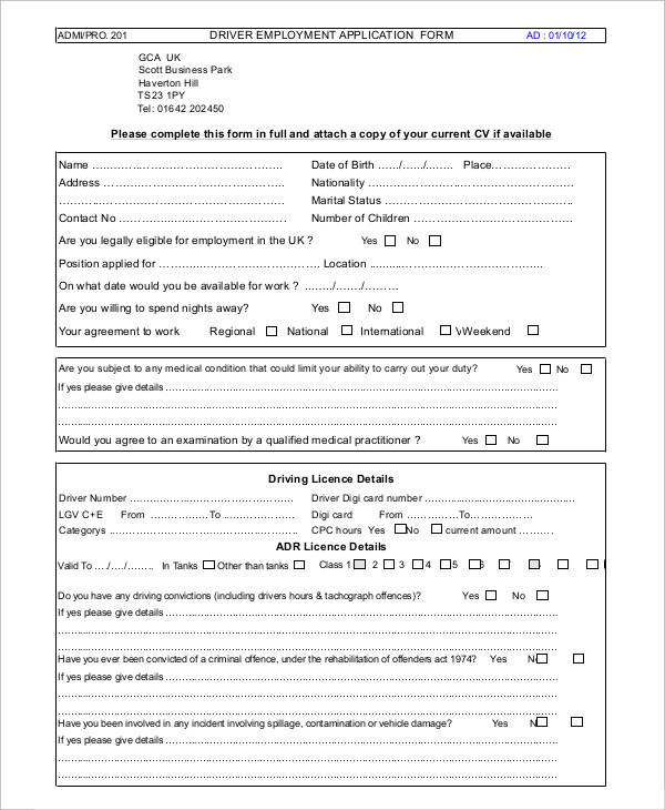 driver employment application form