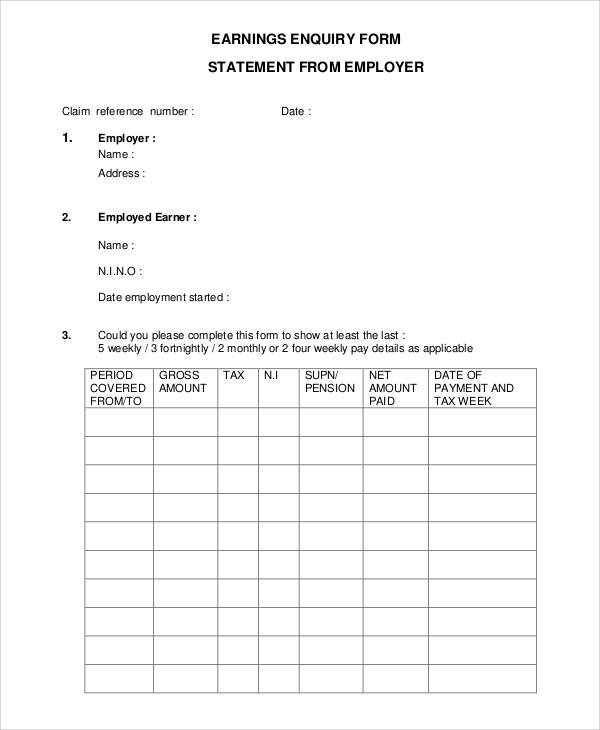 earnings enquiry form statement from employer