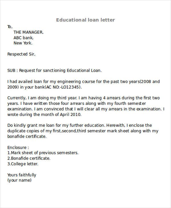 application letter for education loan from college