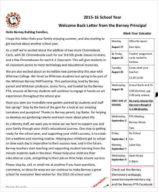 elementary student welcome letter