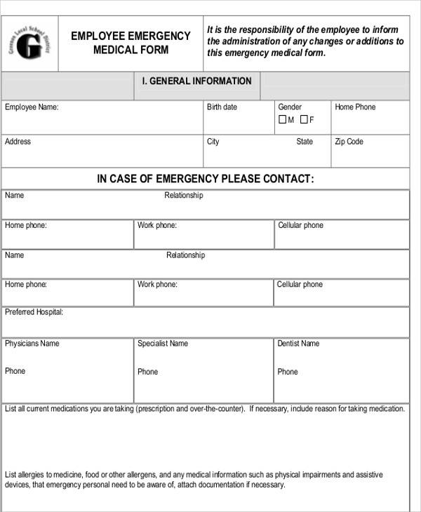 employee emergency medical form