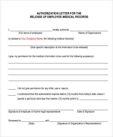 employee medical record release authorization letter