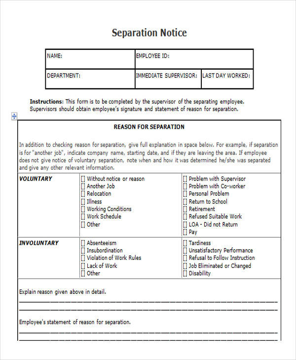 employee separation notice form