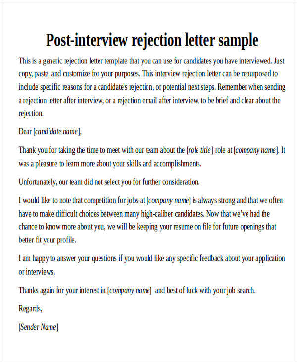 Unsuccessful interview letter