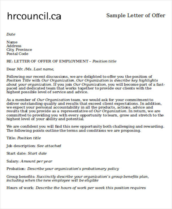 employment offer letter of intent