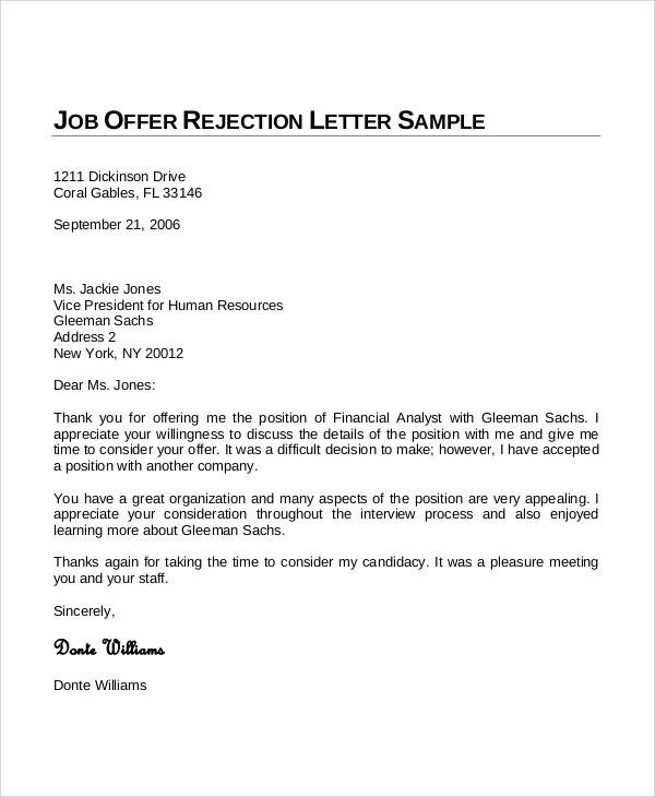 employment offer rejection letter