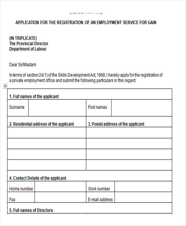 employment registration application form