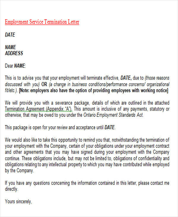 employment service termination letter