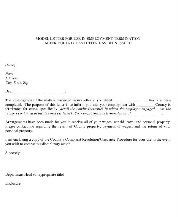 employment termination model letter