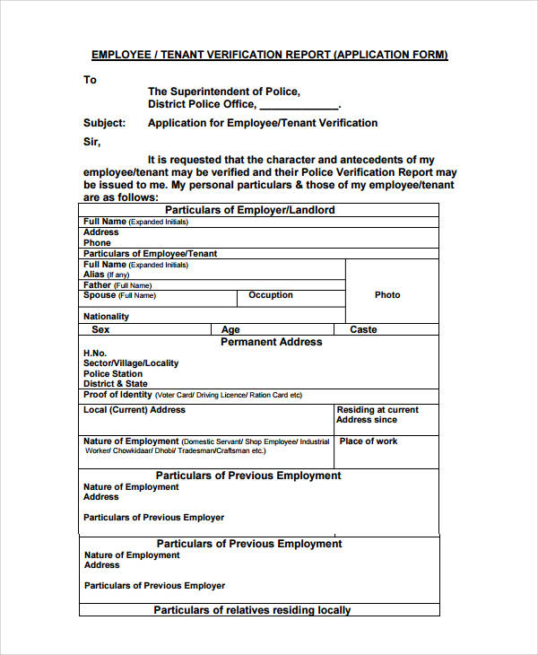 emplyee tenant verification report form