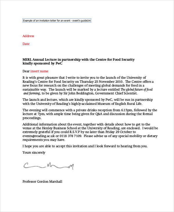 lecture speaker letter for invitation 32  Word, of PDF,  Invitation Letters Pages Examples