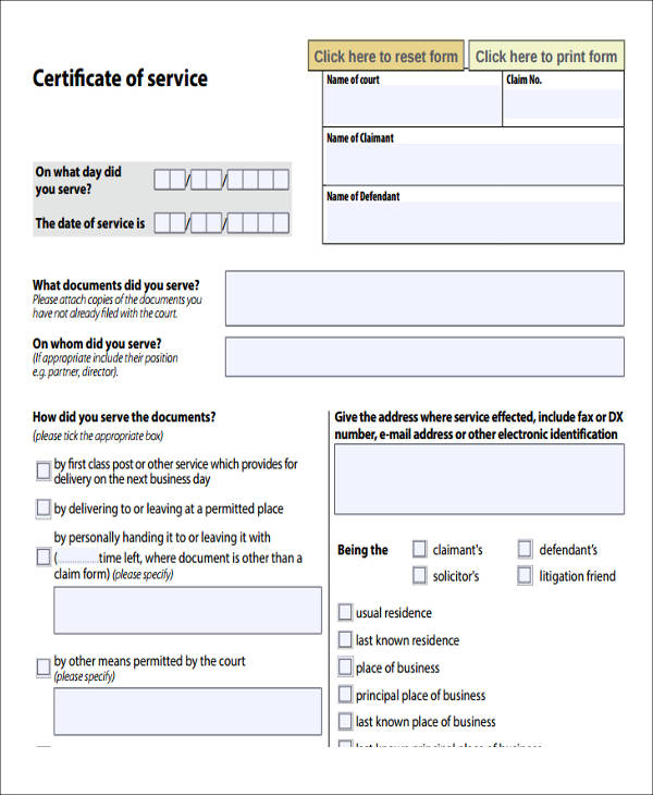 example certificate of service form