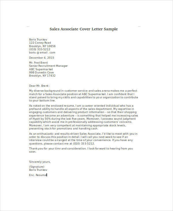 sample cover letter for sales associate job