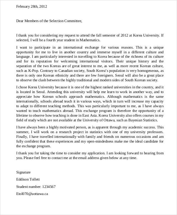 application letter for student exchange program