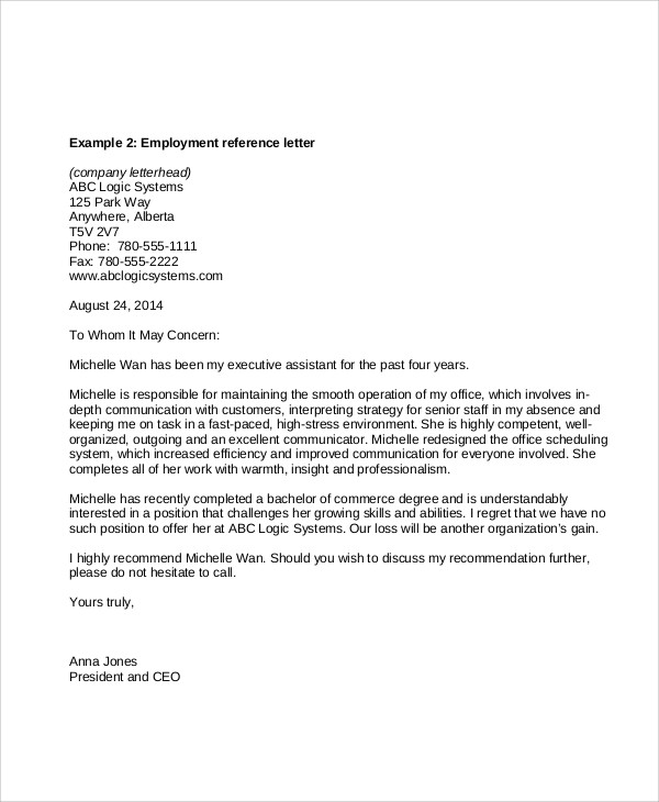 executive employment reference letter
